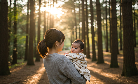 Taking a baby on a walk through the pine forest.