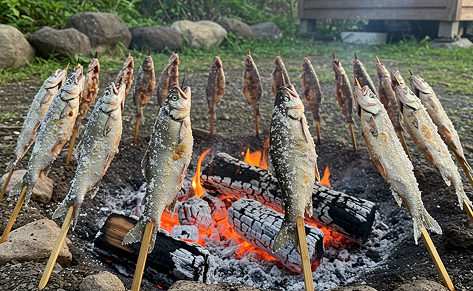 Fish grilling on a traditional hearth
