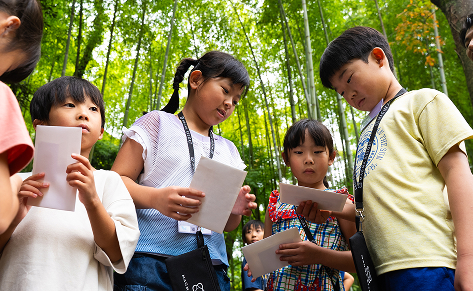Kids in the forest trying to figure out clues.